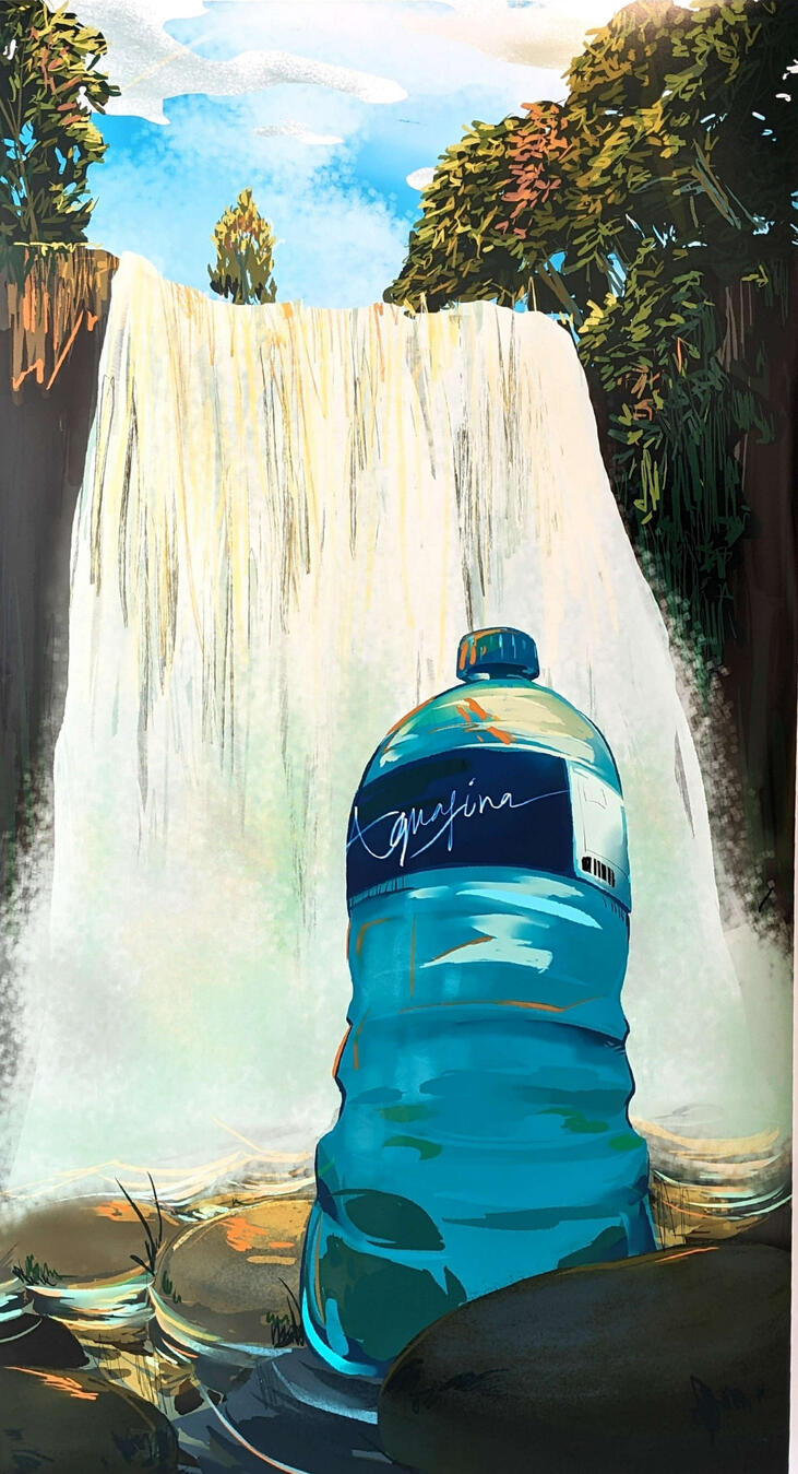 Water bottle against a waterfall