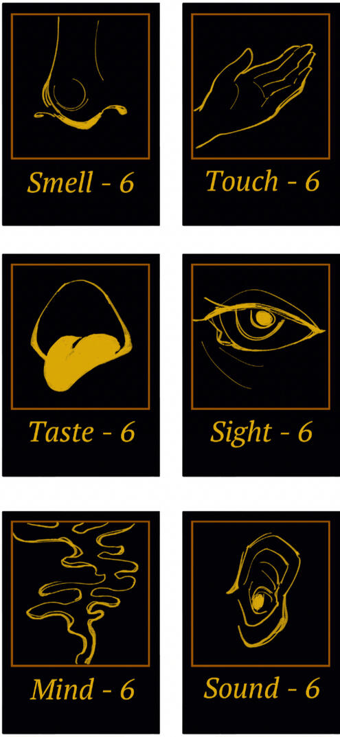 illustration of 6 senses in gold against black